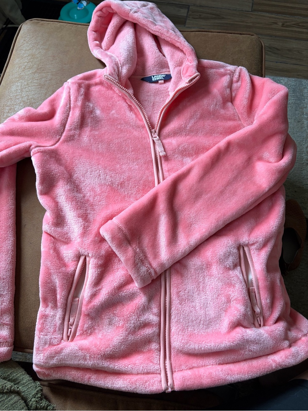 Lands' End Girls Pink Plush Fleece Hooded Jacket Size XL